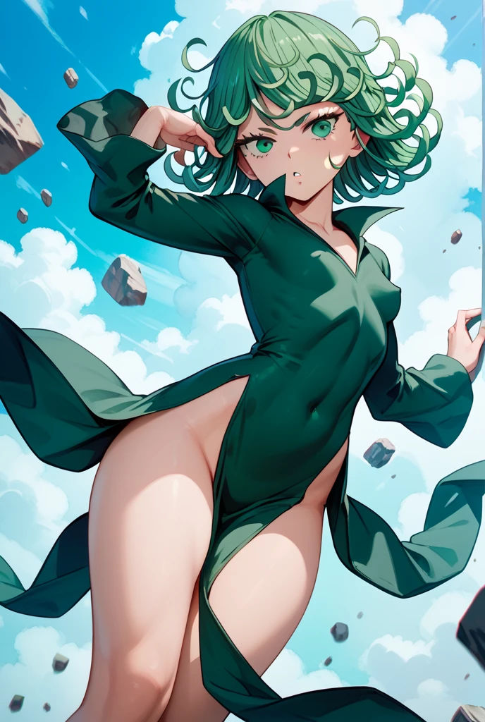 (beste-Qualit, 8K, 12), 1 girl, tatsumaki, Short Hair Hair, green hair, little chest, , the perfect body, ultra detail face, detailed lips, Slender Eyes, gown, stands, enticing, Excited, convex areolas, steam, From Bottom , naked, nudes, , , Tits, ,