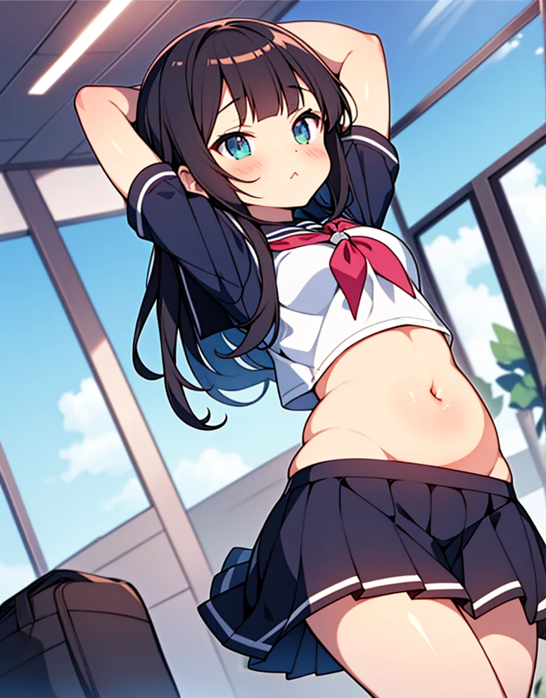 Black Hair, Long Hair, Cute Hips, lure, ,(Cotton shirt、hot pants、Striped thigh-high stockings), (Turn around and put your hands on the wall), Bend、nsfw、BREAK Perfect Anatomy、highest quality、(cute:1.1)、(cute)、(High resolution:1.2)、Unbelievably absurd:1.3、Incredible illustrations、(cuteイラスト:1.2)、Beautiful background、(1 girl) 、solo)、(10th Generation、JK、、Small breasts:1.2)、slender、、、、Eye highlights、embarrassed