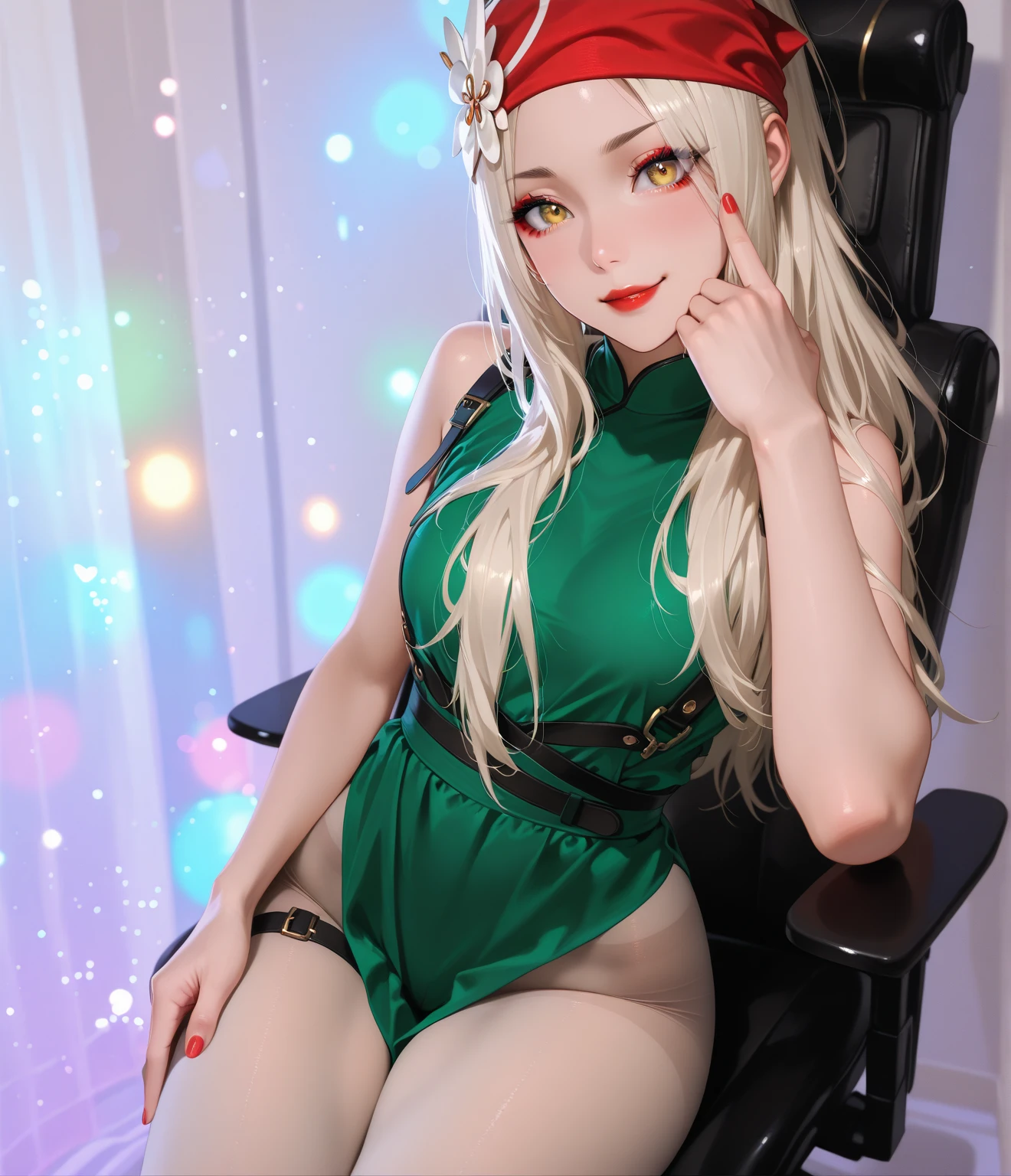 Photorealistic, high resolution, 1womanl, Solo, sit on pillow, turn back, show her butt, view the viewer, (Detailed face), Hogwarts uniform, hogsks, Slytherin，blackstockings, white thong, ancient bedroom,
