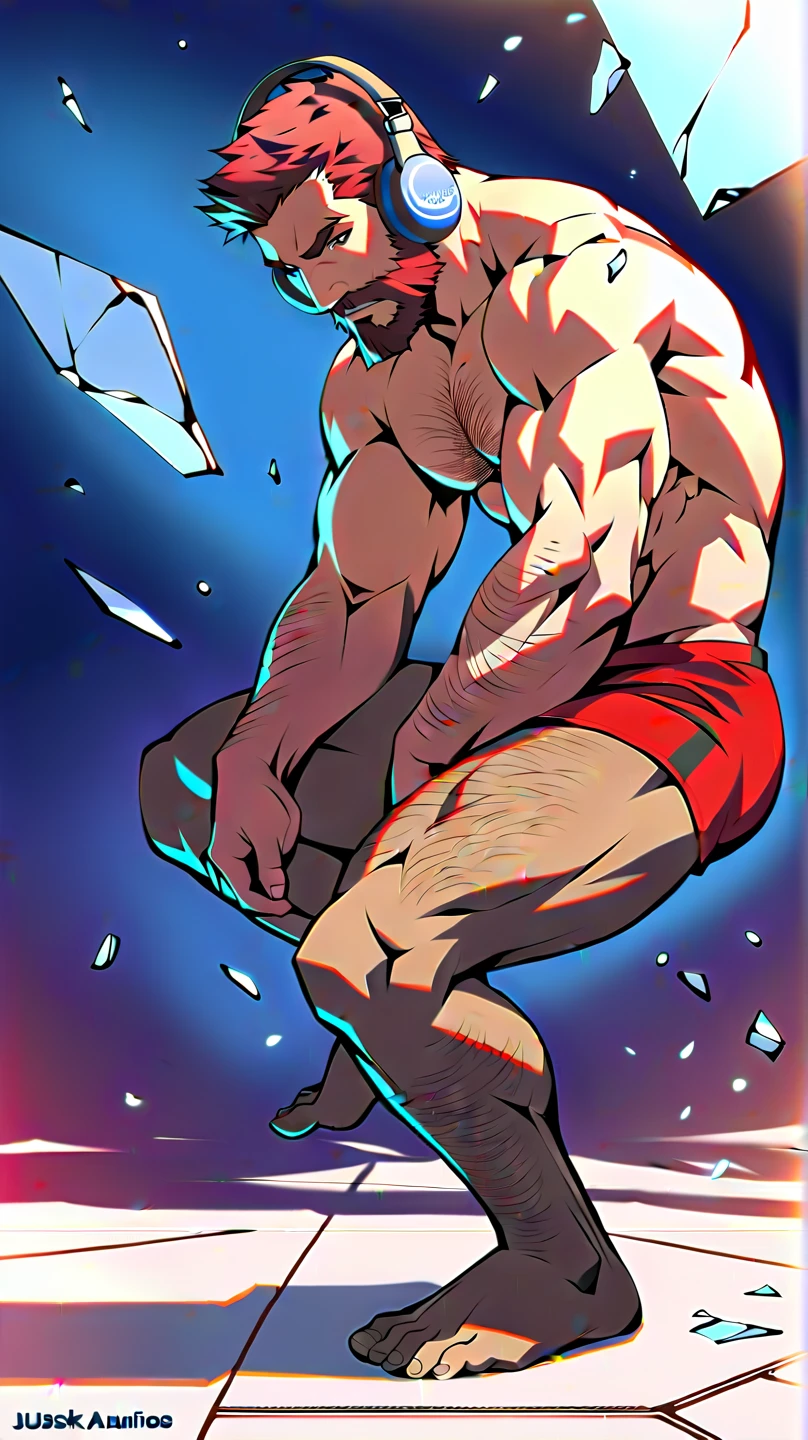 Side view, 2men, Handsome muscular shirtless blonde man  laughing,hands above head  and feet in stocks,ribs tickled by handsome ginger haired muscular shirtless man wearing glasses,  armpits tickled by ghostly hands, feet tickled by feathers, back tickling, nipple tickling by feathers, dungeon background , kissing 