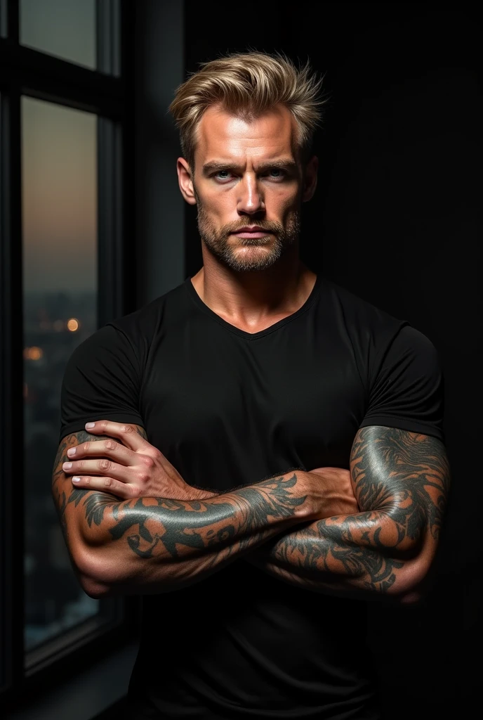 male torso, shirtless, fit, arms crossed, facing down, snake tails on head, photorealistic
