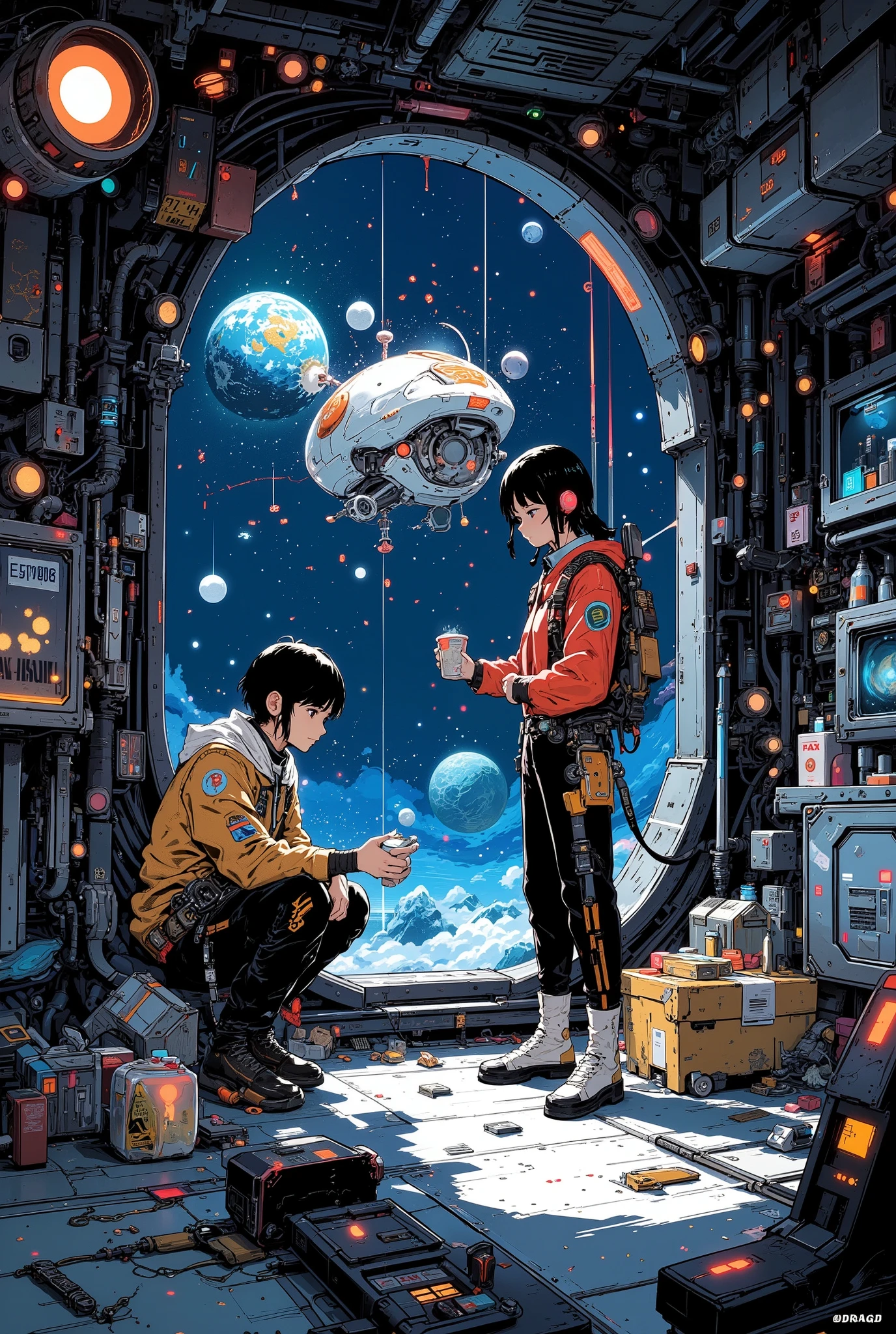 anime-style illustration of a cozy supply pod shop in orbit, floating above Earth, a young couple of space engineers in matching jumpsuits are sharing snacks during break, sitting close together on crates, surrounded by stacked futuristic tools, glowing fuel canisters, and floating maintenance drones, warm lighting from inside the shop contrasts with the cold space outside, gentle expressions, romantic mood, high detail, cinematic composition, retro-futuristic decor