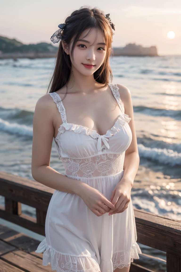(hyperrealistic), (illustration), (high resolution), (8K), (extremely detailed), (best illustration), (beautiful detailed eyes), (best quality), (super detailed pussy), (masterpiece), (wallpaper), (detailed face), solo, (dynamic pose), 1 girl, cute Japanese girl, (full body), heterochromic eyes, (lace trimmed summer mini dress), (perky uplifted breasts:1.2), (blush1.2), (blunt bangs), (long hair cascading behind her both ears), long legs, tightens abs, (camel toes), (no panties), (no bra), (at summer beach),