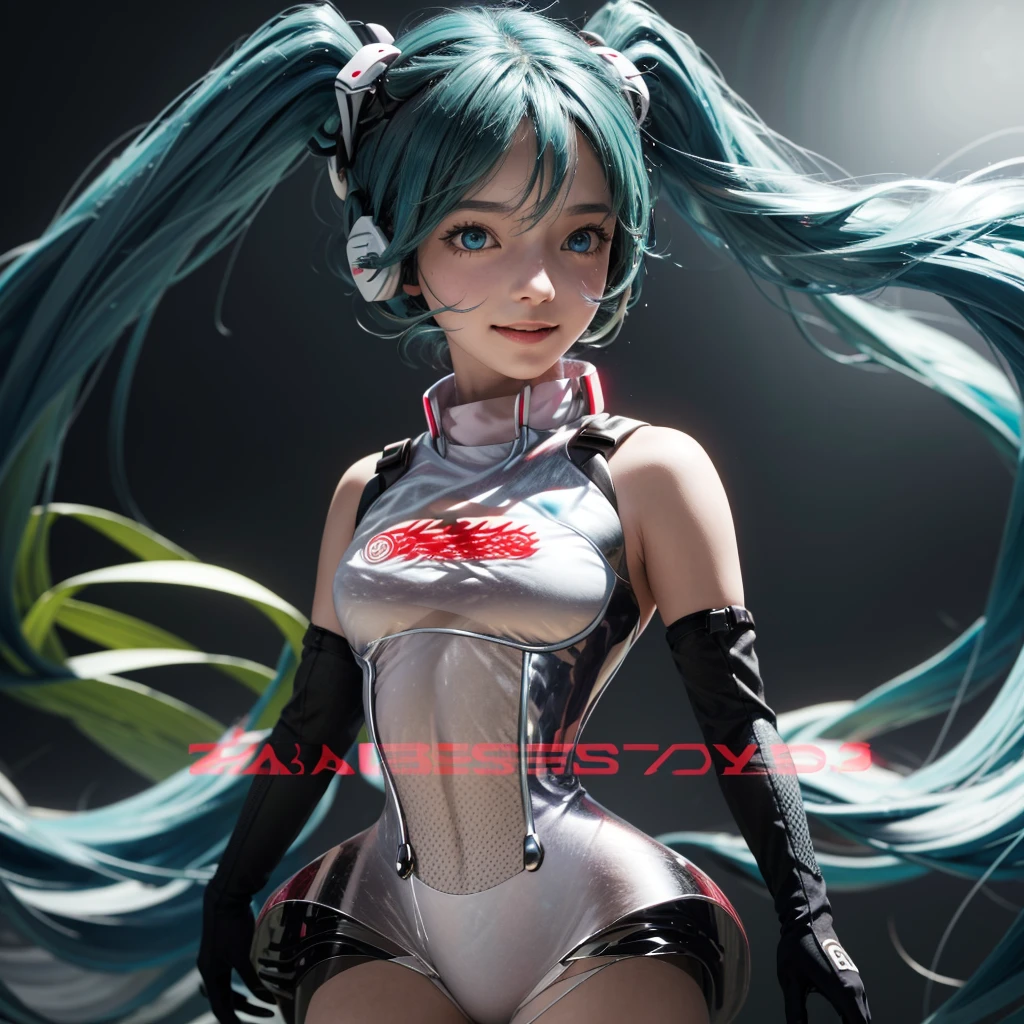 Hatsune Miku disfrazada de dark magician gils. Pose sexy y sensual. Grandes tetas. Disfraz de dark magician gils 