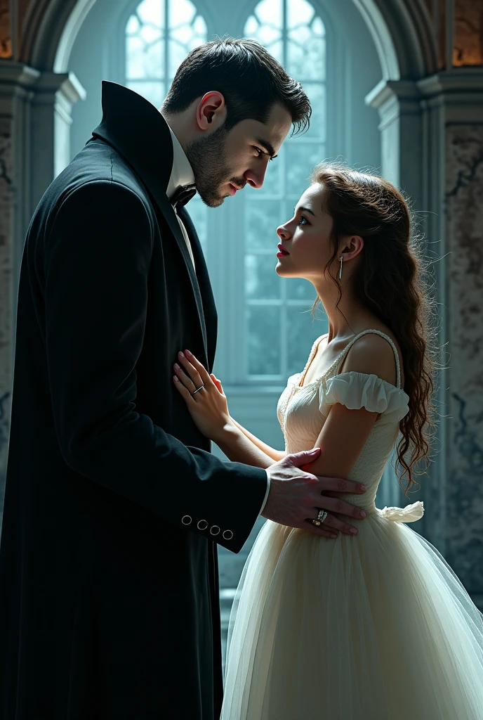 a beautiful girl on her knees, looking up at her master with adoration, extremely detailed face and eyes, detailed maid outfit, submissive pose, chiaroscuro lighting, dramatic lighting, dark fantasy, atmospheric, moody, cinematic