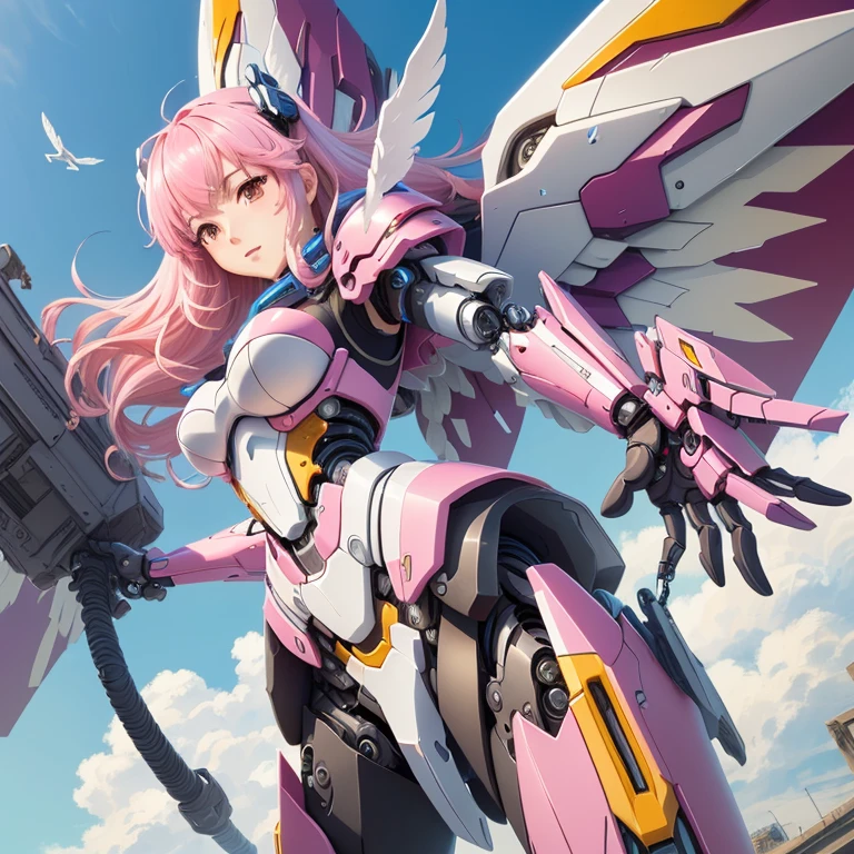 Anime girl in full gundam armor, big tits, bare legs, huge gun