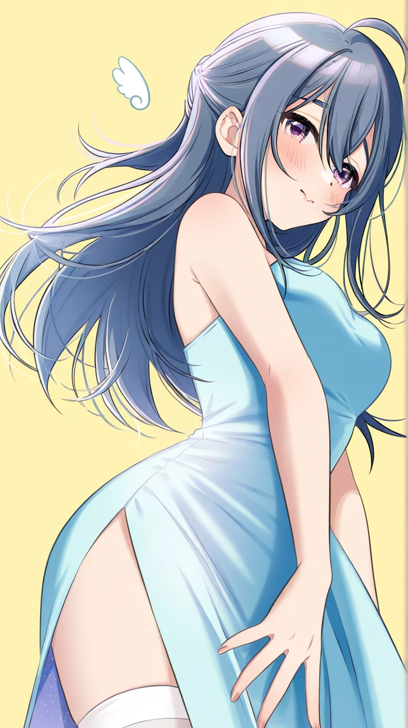 score_9, score_8_up, score_7_up, source_anime, anime screencap, outlines, (chibi:0.6), woman, 1girl, long hair, multicolored hair, black hair, sidelocks, blue hair, wavy hair, naked, standing, hands on own ass, from behind, ass, medium breasts, closed mouth, smile, blush, upper body, nsfw, white background