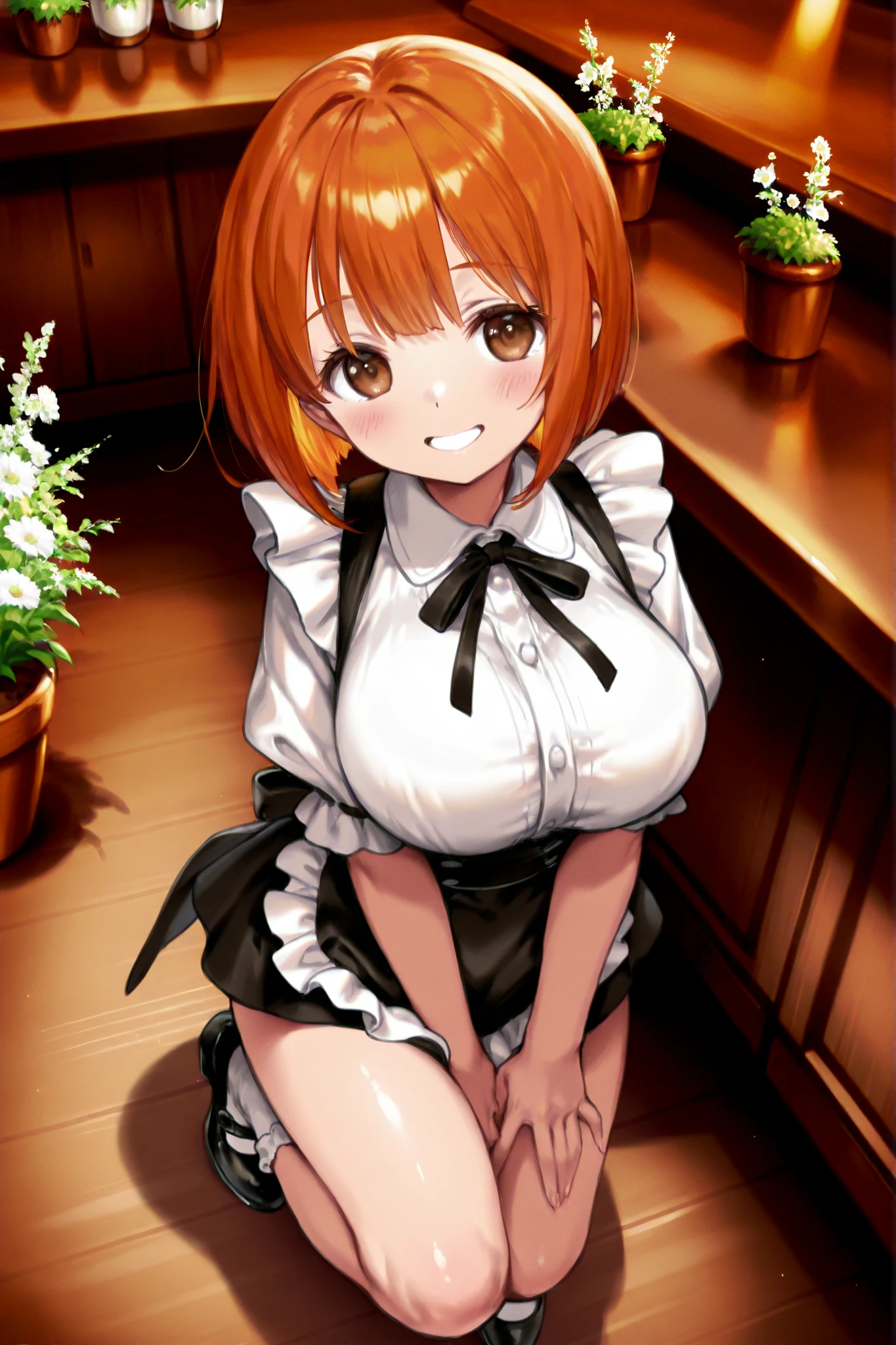 orange bob hair、brown eyes without goods、petite、young、Big Breasts、Full Body、One person、Smiling、かわいいFloristの店員、Florist、across the counter、front、high quality、4K、8K、high resolution、masterpiece、Super Detailed、Studio Lighting、extreme detail、professional、vivid colors、