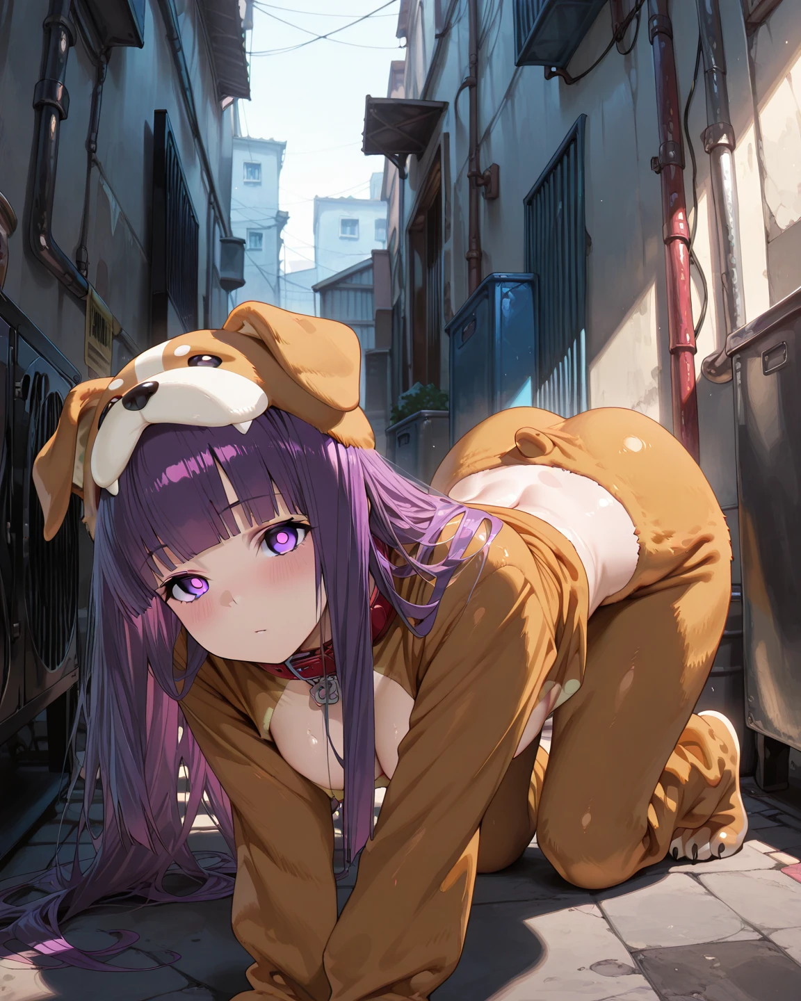8K ultra hd, ultra-detailed, masterpiece, best quality, amazing quality, absurdres, very awa, NSFW,
1girl, solo, purple hair, long hair, purple eyes, bright pupils, blunt bangs, dog cosplay outfit, on all fours
Beautiful back alley, amazing lighting, dreamy background, looking at viewer,