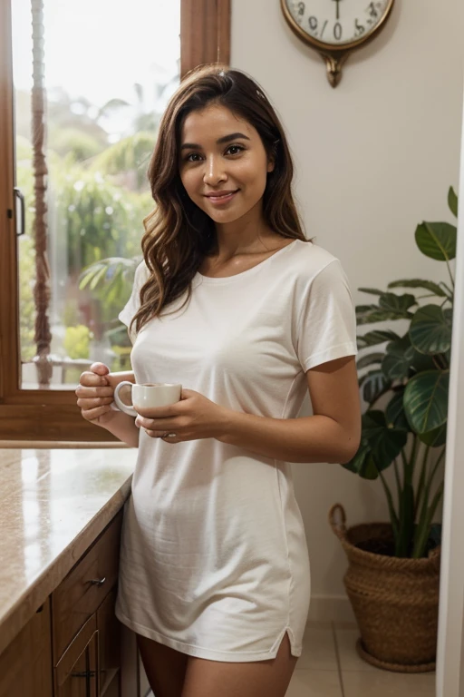 A woman standing biside bed , having short and sweet smile on face, holding a glass of water,looking fresh, wearing her pyjamas and tshirt, soothing light coming from window, realistic , real, hyper-realistic, cinematic, normal posture.