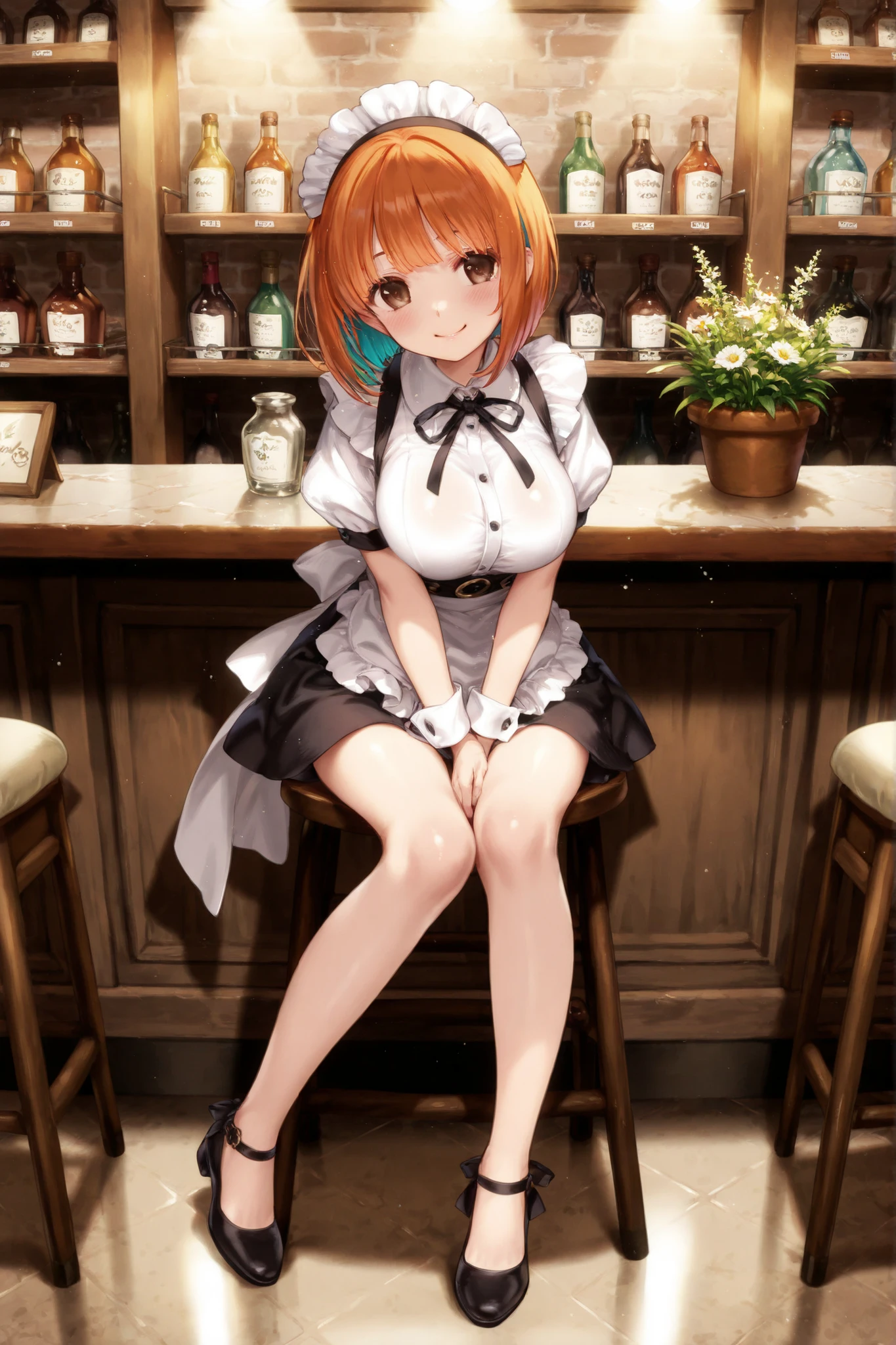 orange bob hair、brown eyes without goods、petite、young、Big Breasts、Full Body、One person、Smiling、ウィンクする、かわいいFloristの店員、Florist、across the counter、front、high quality、4K、8K、high resolution、masterpiece、Super Detailed、Studio Lighting、professional、vivid colors、