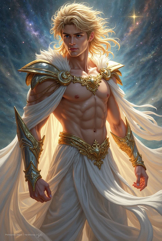 Arcas. Realistic photo. Medium shot photo. Handsome young man with golden hair and an athletic body. He wears a light white ancient Greek tunic adorned with blue elements. His eyes shine like stars in the sky. He carries in his hand a arrow. Dark night background with a sky showing the stars and constellations... ((Masterpiece)). Professional photography, ultra-sharp focus. Analog RAW photography, 80mm f2.8 lens, Best quality, Ultra detailed, 64k, Intricate details, Fine detail, Detailed rendering, Realistic detail. Detailed hands, perfect eyes, detailed face, natural pose.