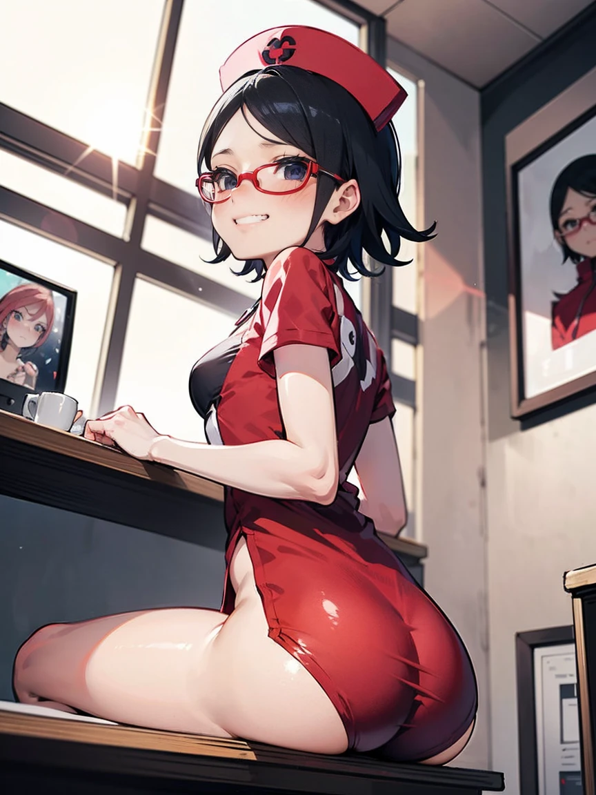 X-rated，Under the legend，Chara，teenage girl，Red-eyed，Smile，Sexy，green，Chest leak，short crop top，hot pant，Stalling&#39;s gull body standing painting，posture，with short brown haice turned red，Underwear model，lust，Hand repair，detail， clothing，HD，no underwares， television show，Upturned buttocks，stick out your tongue，Playful，love heart，Buttocks close up，sweat，back view，big ass，sitting，Puppy perspective，on camera image