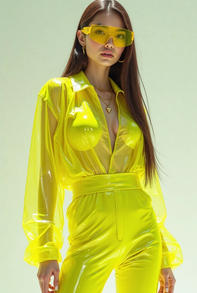 Epic masterpiece photography, exquisitely captured with a sharp focus of 2, featuring an alluring 28-year-old woman, embodying the epitome of drop-dead gorgeousness with exaggerated curves showcased in a vibrant yellow romper. The romper boasts a myriad of bio-translucent orange inflatable parts and playful pink puffy sleeves, exuding a unique appeal and trend-setting style. The high-quality image, scored at 1.75, showcases the woman's voluptuous figure, accentuated by big, widespread trap-trapezoidal hips and thick legs, thighs, and hips. The overall