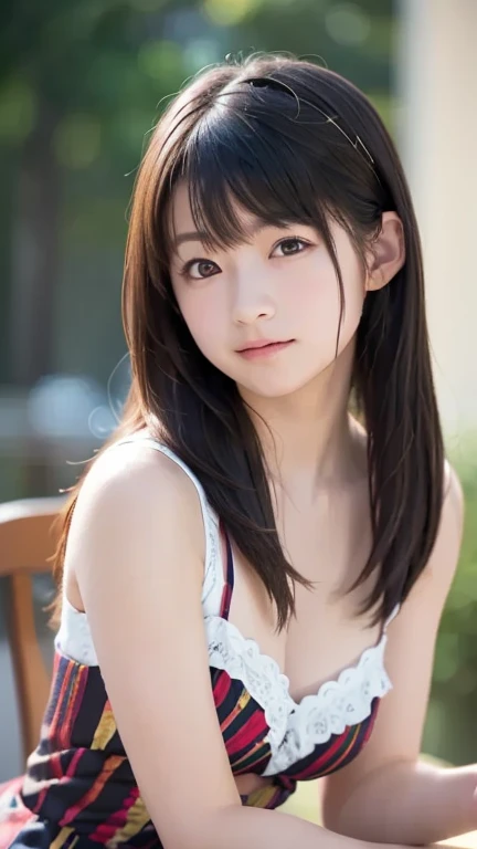 Best-quality, Masterpiece, Ultra-High-Resolution, (Photorealistic:1.4), Raw-Photo, Extremely-Details, Perfect-Anatomy, 1girl, the most famous Japanese idol, extremely cute and extremely childish face like a most popular Japanese idol, extremely beautiful big-black-solid-circle-eyes, extremely beautiful realistic-skins, extremely beautiful long-eyelashes, extremely beautiful lips, innocent smile