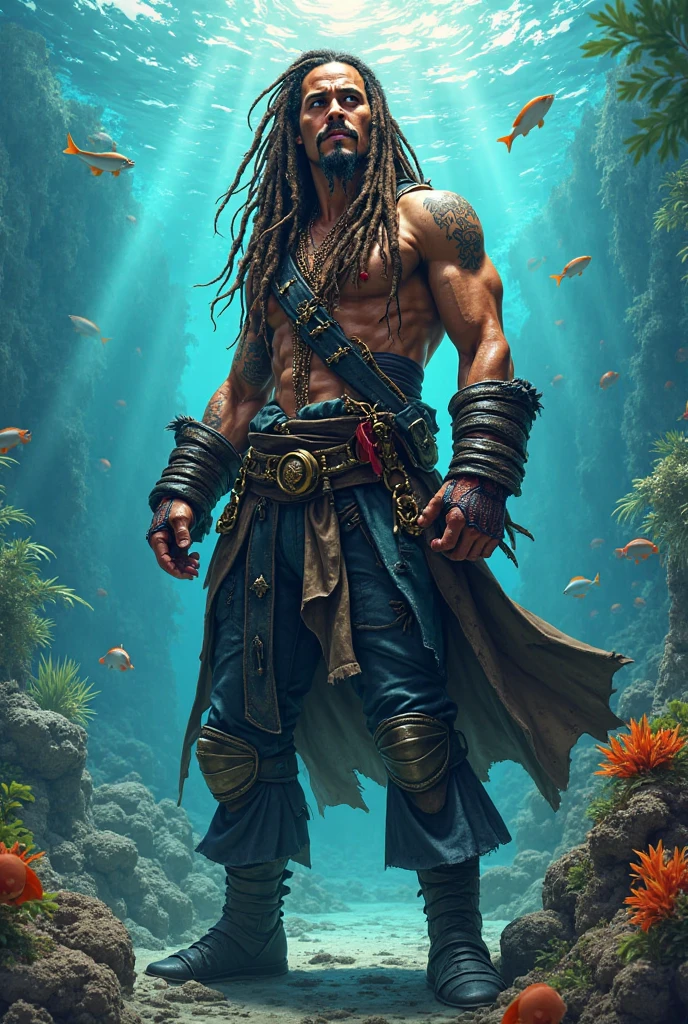male_focus, polearm, weapon, fish, underwater, topless_male, spear, trident, holding,swimming, water, holding_weapon, ocean, shark, dark-skinned_male, dark_skin, closed_mouth, coral, freediving, fishing_rod, barefoot, toned, statue,
