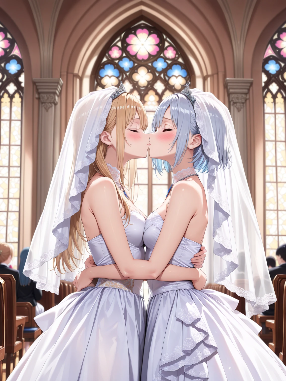 High resolution, Best Quality, masutepiece, Ultra high definition, Ultra high definition, A hyper-realistic,。.3D, Anime, Illustration, In a church、wedding hall、Two women in wedding dresses、2girls,girl1:bbw、adolable,Black hair,Bob-cut hair,Kisses and hugs、stare、weddingdress、Girl 2:adolable,A pink-haired,Long grey hair,Kisses and hugs、stare、weddingdress