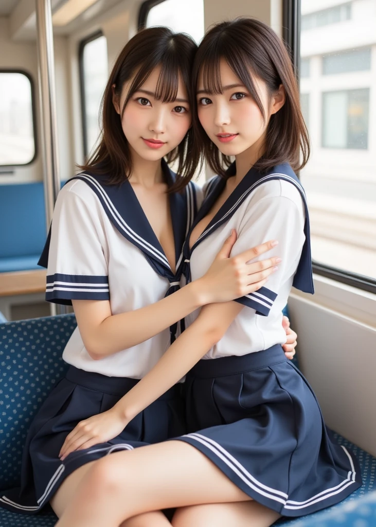 (8k, RAW photo, highest quality, masterpiece: 1.2), super detail, super resolution, (realistic, real photo: 1.37), distant camera, high resolution RAW color photo, real human, female gesture, beautiful leg highlights, very realistic, super high-quality, 8k wallpaper, amazing details, correct human structure, human body based on anatomy, very detailed beautiful girl, very detailed face very detailed eyes, Very realistic skin, very detailed fingers, very detailed nose, very detailed mouth, very delicate limbs, anatomical body perfect anatomy, very detailed background, very detailed clothes, teen, cute girl, famous Japan idol, cute, realistic body, slender, white skin, radiant skin, slim body, long straight hair, (dull bangs: 1.2), realistic face, delicate eyes, double eyelids, sailor suit, on the train after school, Beautiful thin legs, shooting from afar, sitting on a train chair, crossing legs while sitting, , angel smile, the cutest face in the world, human style, faithful to human structure, proofreading of frolicking woman, daily life of schoolgirl, , red ribbon, sexy legs, emphasizing femininity, Blue chess skirt, delicate skirt, stretch legs, Beautiful elongated legs, elongated beautiful legs, accurate anatomy, sexy and very embarrassing figure, short skirt, lesbian, kiss, human skin sensation, masturbation, face