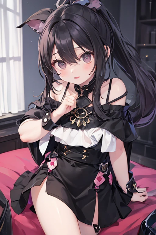 best picture quality, 8K, high quality, masterpiece:1.2), ((masterpiece)), (high detail, high quality, best picture quality), bokeh, DOF, Portrait, (cute illustration:1.2), (perfectly balanced anatomy), (konosuba, megumin), (megumin hair style), (nsfw:1.2), (BDSM:1.2), in bedroom, lying on bed, wrists tied, both arms behind head, armpits:1.3), (wearing open Lingerie), pantyhose, widely spread legs, bending knees, detailed eyes, cute round face, embarrassed, crying hard, seducing by showing her armpits, (close-up shot:1.3),