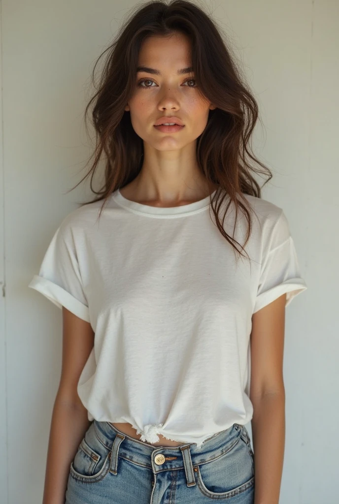  girl, brown hair, brown eyes, freckles. wearing tshirt and loose jeans