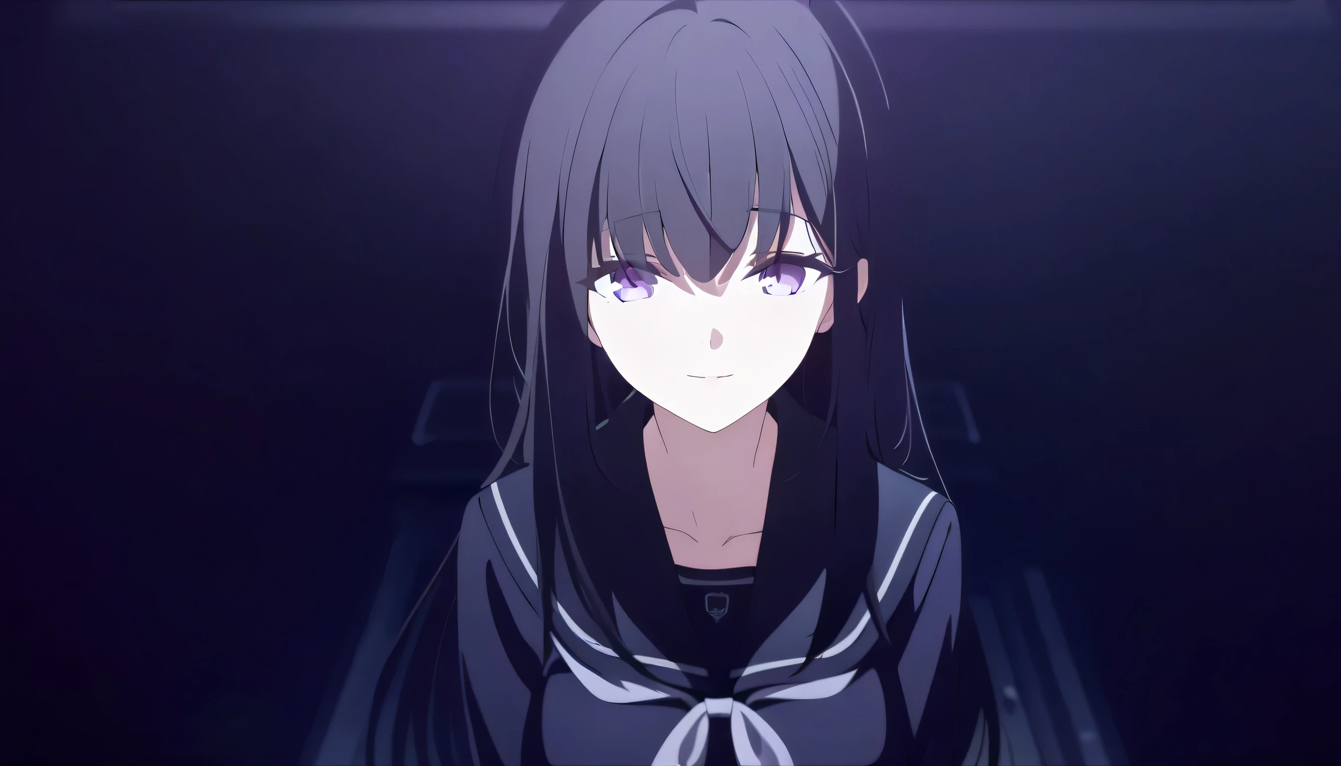 masterpiece, best quality, cg art, solo, 1girl, black hair, long hair, lavender eye, medium breast, dark purple school uniform, standing, looking at viewer, confession, calm, composed, smile, loving gaze, pitch black background only