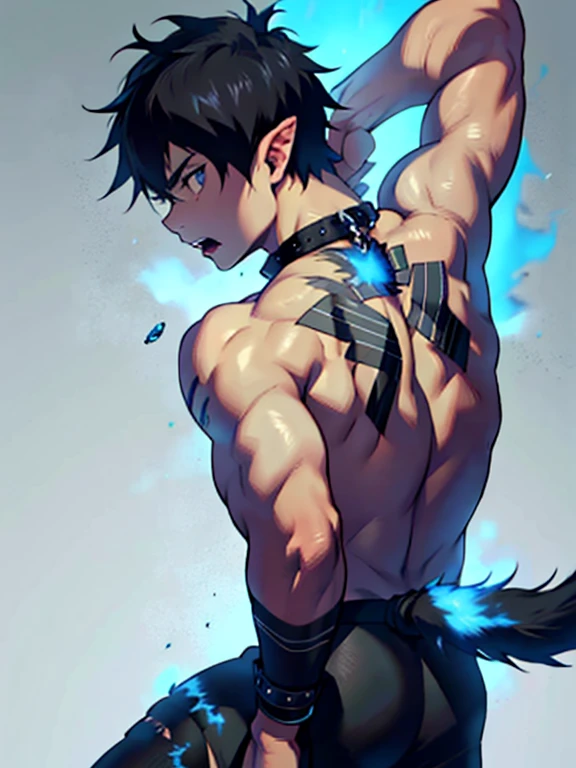 Inosuke hashibira, anime guy with blue hair and no shirt holding a sword, handsome guy in demon slayer art, gapmoe yandere, (sfw) safe for work, badass anime 8 k, handsome japanese demon boy, okata kazuto, handsome anime pose, gapmoe yandere grimdark, muscular!!, male anime character, 2 d anime style, long black pants, close up, close up face,