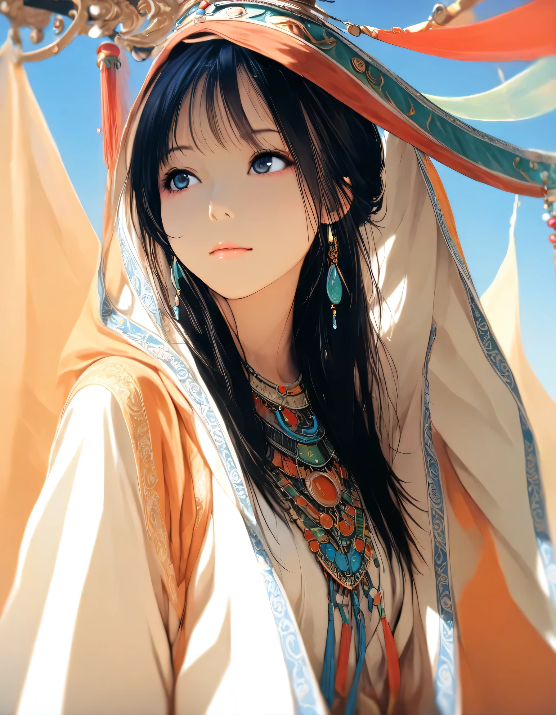 1girl, year 2016, upper body, dunhuang, blue sky, casual clothes, masterpiece, high score, great score, absurdres, 16k, Ultra detailed, (photorealistic : 0.5)