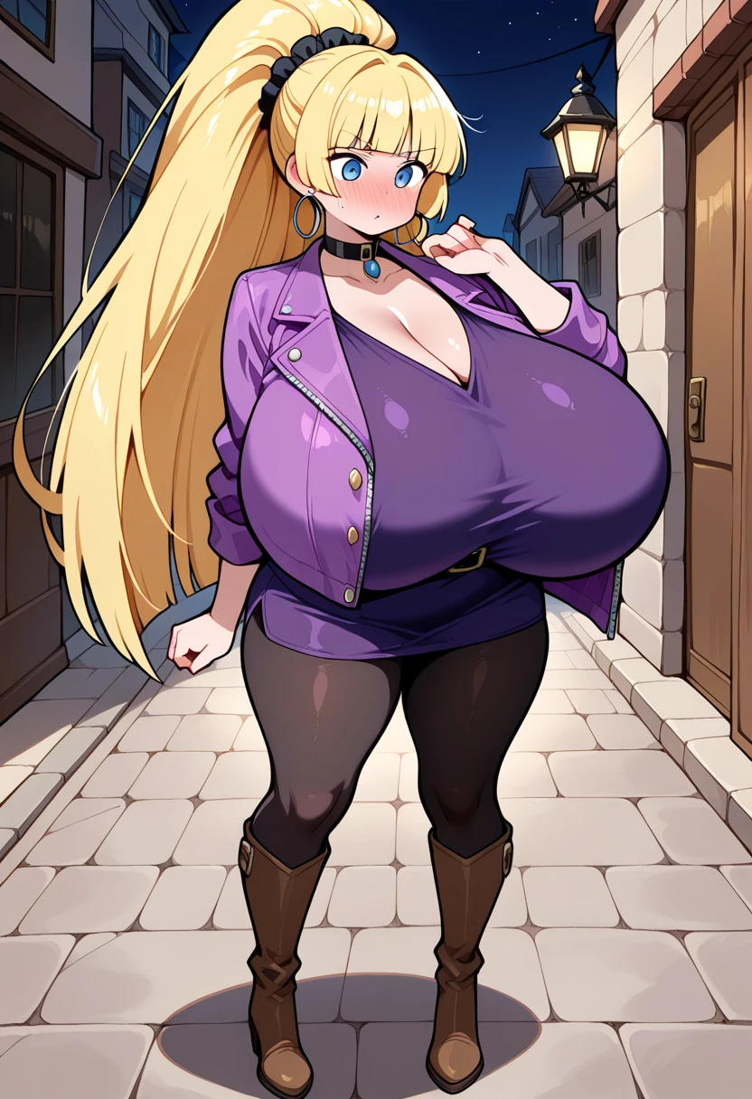((gigantic breasts)), ((massive thighs)), breast expansion, ((big hips)) Blonde hair, yellow hair, sexy clothes, background Village Road, big bloated belly, Abdominal appearance