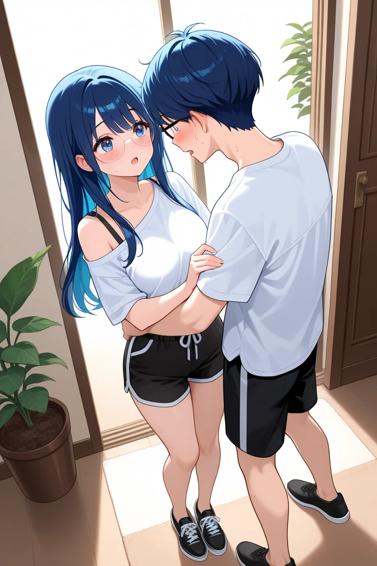 Matsuura kanan love live, long hair, blue hair, purple eyes, gym bra, bike shorts, standing, puffy crotch , skindentation , realistic art style , energetic smile,in street, lake in background, 1boys,1girl,taking selfie with boys , erection under clothes ,hug,hip grab