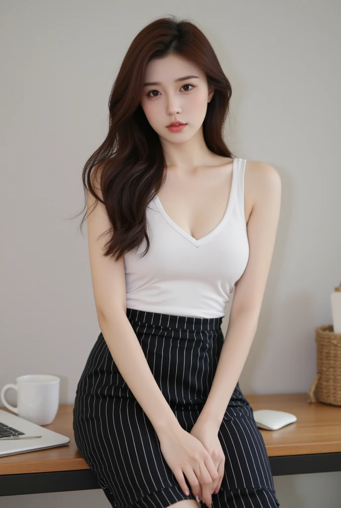 A perfect young female,Chinese in tank top and shorts, over size t-shirt and shorts in the coffee lab, chinese women's fashion model, smooth color tight clothes suit, CG rendering, Blurred background, deep shadow, 16K, bokered, Very detailed, wallpaper, depth of field, movie light, lens flare, Ray tracing.
