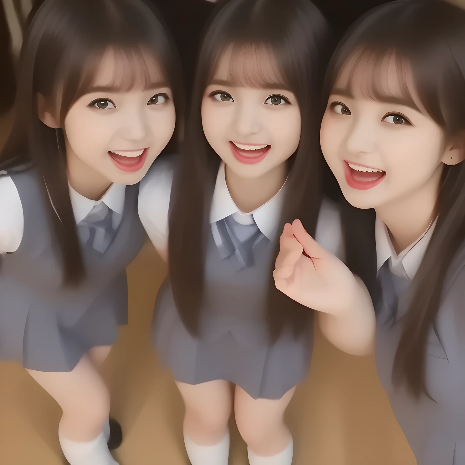 (highest quality, masterpiece, high resolution:1.2), 4K, (Photo quality detailed foreground: 1.2), geometry, (Two succubi of Cute noble beautiful slender girl girly Japanese photo model are (singing in a classic music hall) and looking at the viewer with her too beautiful eyes like laughing fashion model: 1.3), (Using expensive face-whitening cosmetics to make her skin more beautiful and pure by professional makeup artist: 1.5), ((Dark blue) Japanese school girly vest Uniform with neat girly light-yellow short-sleeves school blouse, puffed short sleeves: 1.2), (white socks and school loafers, kicking back: 1.5), (Dark red glossy glossy school ribbon on the breast: 1.0), (Extremely laughing cheeks: 1.8), (Beautiful light-amber large clear open eyes with balanced and detailed cutely: 1.4), (double eyelids: 1.0), (highly curled bangs: 1.2), (Expressing the greatest joy with her whole body: 1.2), (Glossy lips: 1.0), (too long hair reaches her hips: 1.7), (cute earrings), (making the viewer crazy with her beautiful hands: 1.6), (white and clear skin: 1.0), (Laughing cute princess's eyes looking at me: 0.8), (Everything is organized to have strong effect of hypnosis for the viewer to fall into happy dream with many beautiful girls: 1.5), (The girls know well about the viewer's super fetishism for school uniforms, and satisfies it completely: 1.7)