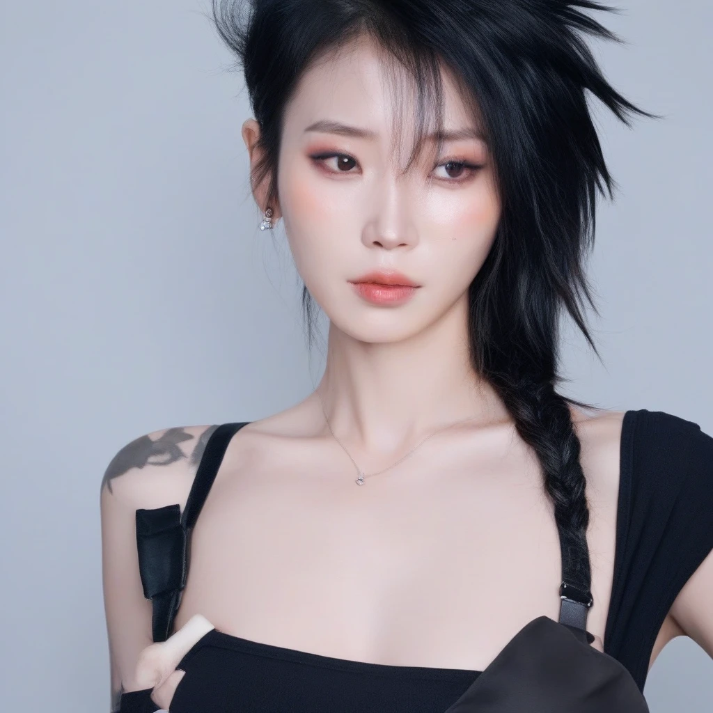 Generate an image of a woman with short black hair, Tattoos on the arms, wearing a collar, crop top, and shorts. Capture the details of your accessories, Emphasize the style and attitude they bring to her appearance. Keep a pensive expression while smoking, Ensure the overall composition reflects fashionable fusion, personality, Wainai reflection. Use lighting techniques to enhance visual impact, Create compelling female images in thoughtful moments of self-expression.