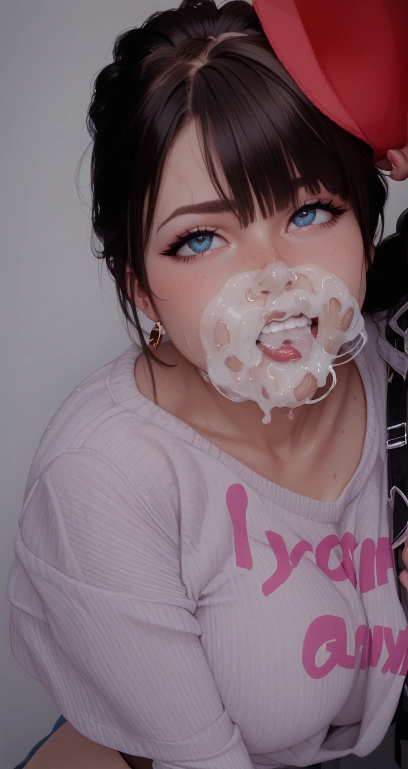 Close up portrait of a girl, beautiful auburn hair, long hair, messy hair in bun, messy make up, white top with jeans, kneeling and looking into camera, large eyes, tongue out, drooling, pink lipstick, wet face, red face, cleavage, fisheye8mmv1beta, lens, epiCPhoto, 8k ultra quality, high detail