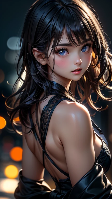 best quality, masterpiece, high resolution, A girl,black hair,low ponytail、long hair,black eyes,gorgeous eyes,Micro bikini,medium breasts, skinny,slender body,lifelike,Side lighting, (gleaming skin:1.2), 8k Ultra HD, Soft Light, high quality, Volumetric Lighting,photography, high resolution, 8k,