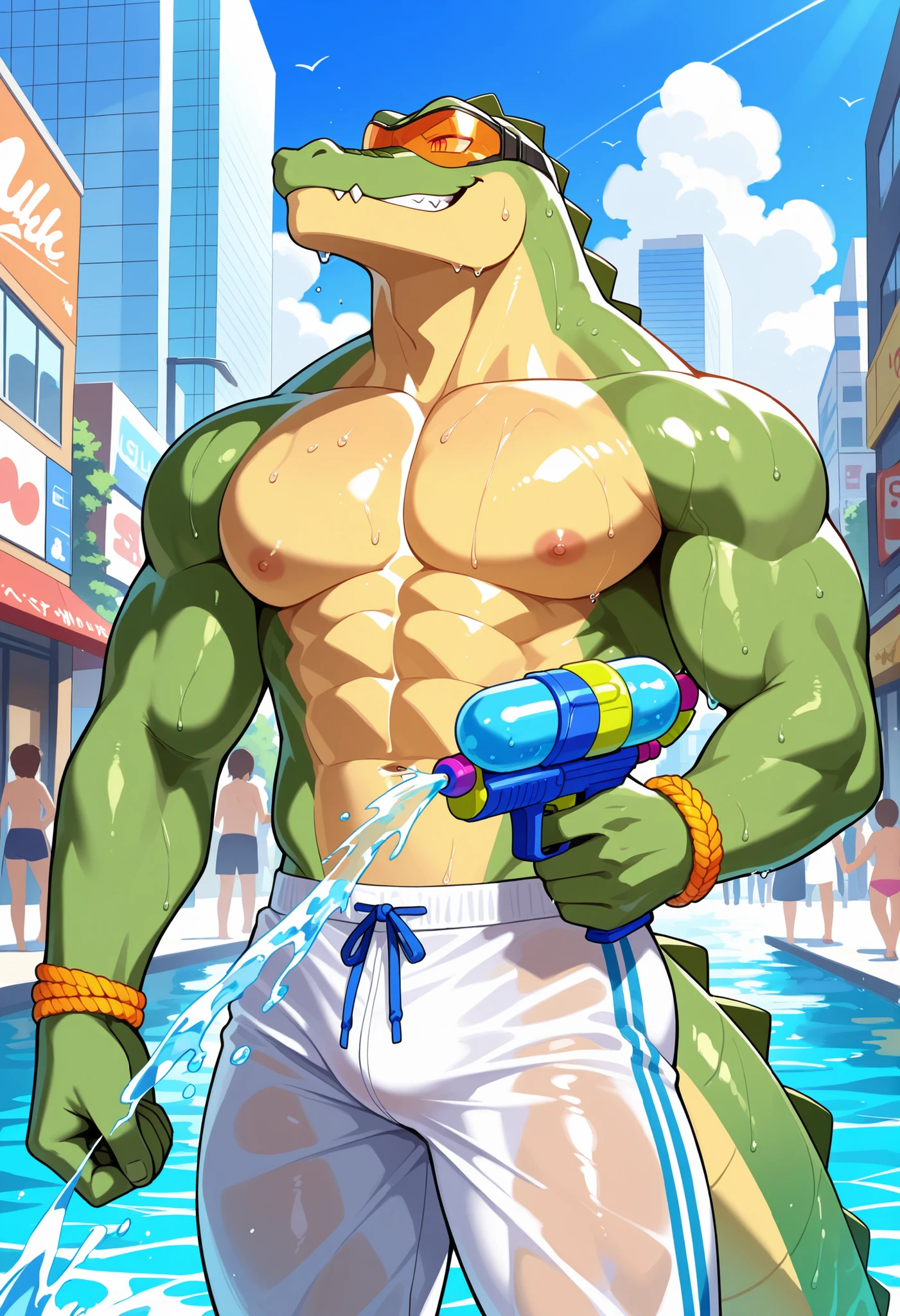 transparent, shiny, wet looking, highlighting underlying big pecs and big nipples