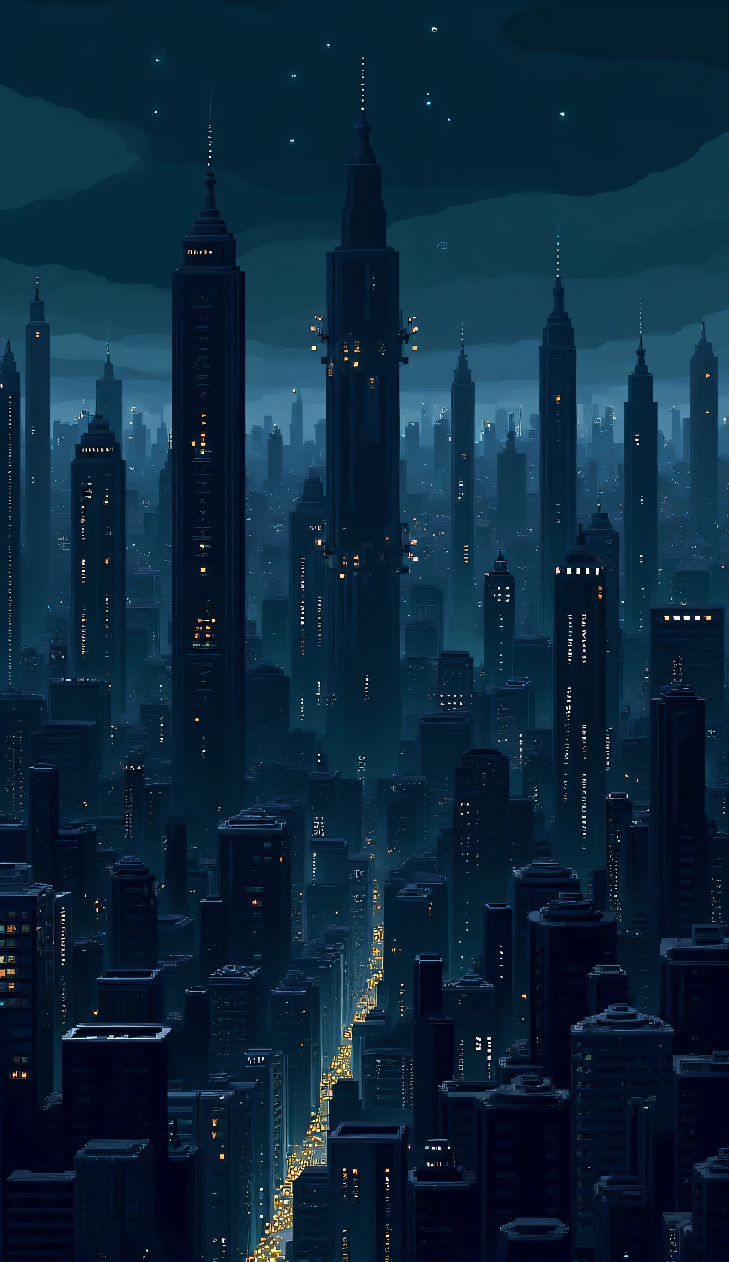 pixel art, a cityscape with crowded building, futuristic town, modern building, skyscraper building, dark sky, night