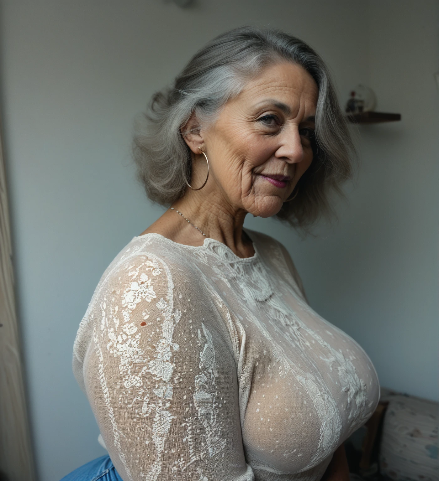 (masutepiece:1.2), High Definition, High quality,(60-year-old woman:1.3)、(Wrinkles on the face:1.2)、Beautie、beautiful white lingerie, wedding dress, thicc thighs, Sweet ta, Puffy sleeves, Very big saggy mature breasts,white hair tied up, diamond earrings