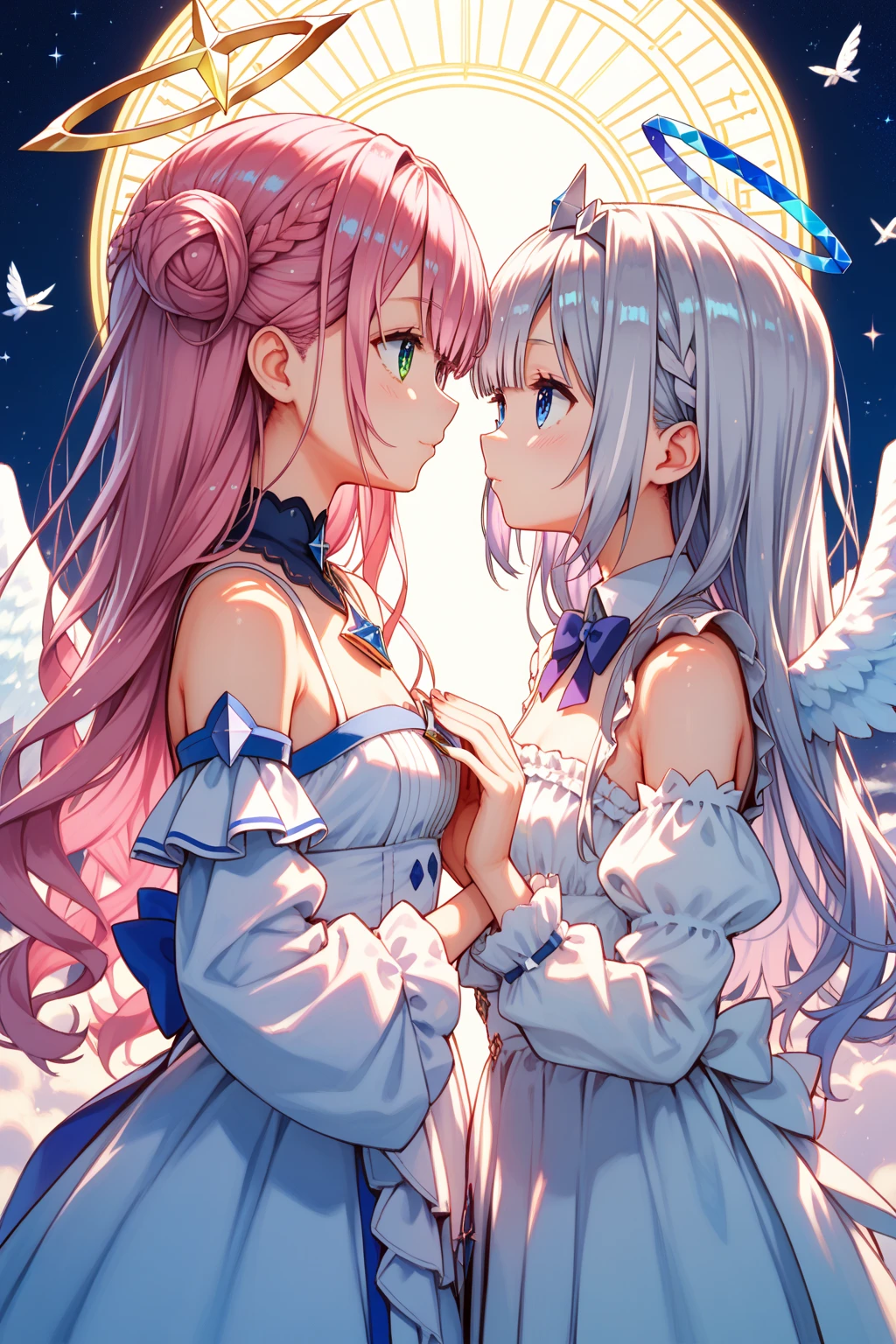 (((masterpiece))), ((best quality)), ((ultra-detailed)), ((illustration)), dynamic angle, an extremely delicate and beautiful, (((extremely delicate and beautiful girls))), (((2girls))), ((((french kissing)))), (saliva), (((((detailed one-wing angel))))), (cathedral), (((extremely detailed silver hair))), (((extremely detailed pink hair))), ((jump into)), (((looking at each other))), detailed cloth, (((upper body))), ((both detailed faces)), highres, extremely detailed CG unity 8k wallpaper, ((extremely detailed beautiful eyes)), game cg, absurdres, delicate composition, ray tracing, HDR, shiny skin, ultimately-detailed, floating hair, lens flare, glitter, confused, half opening eyes