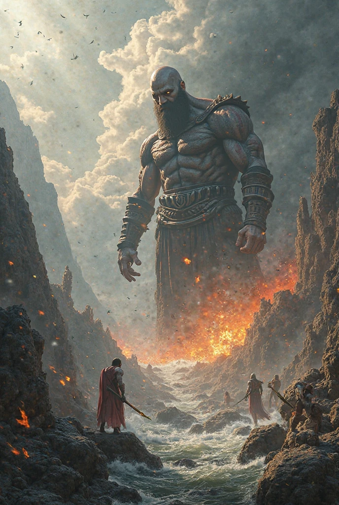Hercules fighting a giant with a body of fire! Epic movie scene! 真实感, fot, grand epic! Scene with lots of movement and interaction ( scenery with lots of rock and lava) 
