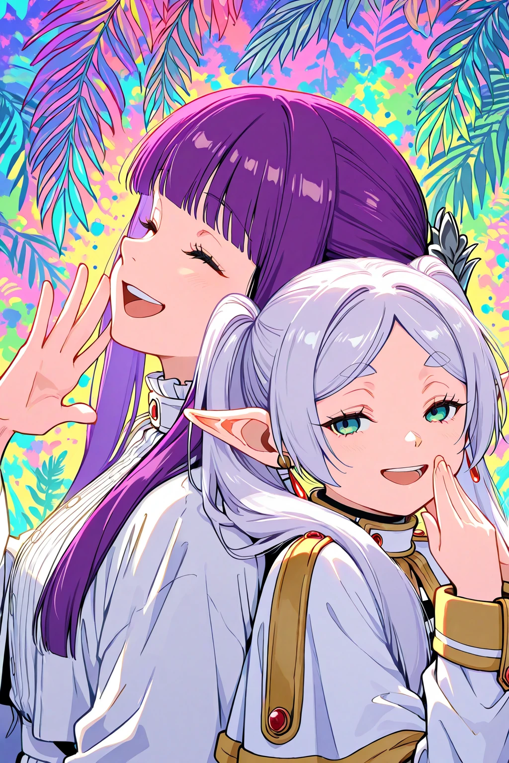 2girl, solo, fern, frieren,laughing together, back-to-back, mitsumi, upper body, colorful background 