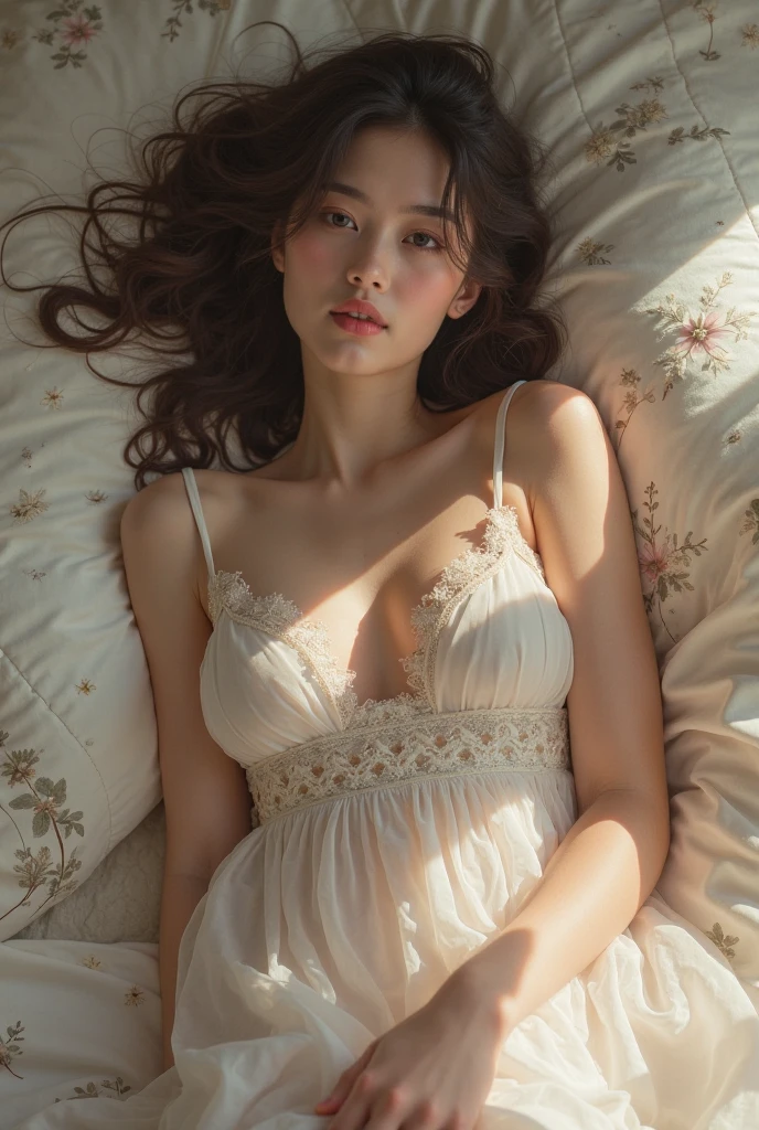 1girl, extremely cute face, Amazing face and eyes, (highly detailed eyes, highly detailed face), Fresh, very clean appearance, (hyper-realistic, hight resolution), (best Quality:1.4), Raw photo, (Realistic, Photorealsitic:1.37), Professional Photography, Cinematic Light, (floral pattern nightgown:1.25), (medium breasts:1.1), (open nightgown), (bare shoulders), Smile slightly, (Lying face up in the futon:1.5), (staring at me), Bedroom, futon, pillow, floral patterned screens, relaxing, lantern light,