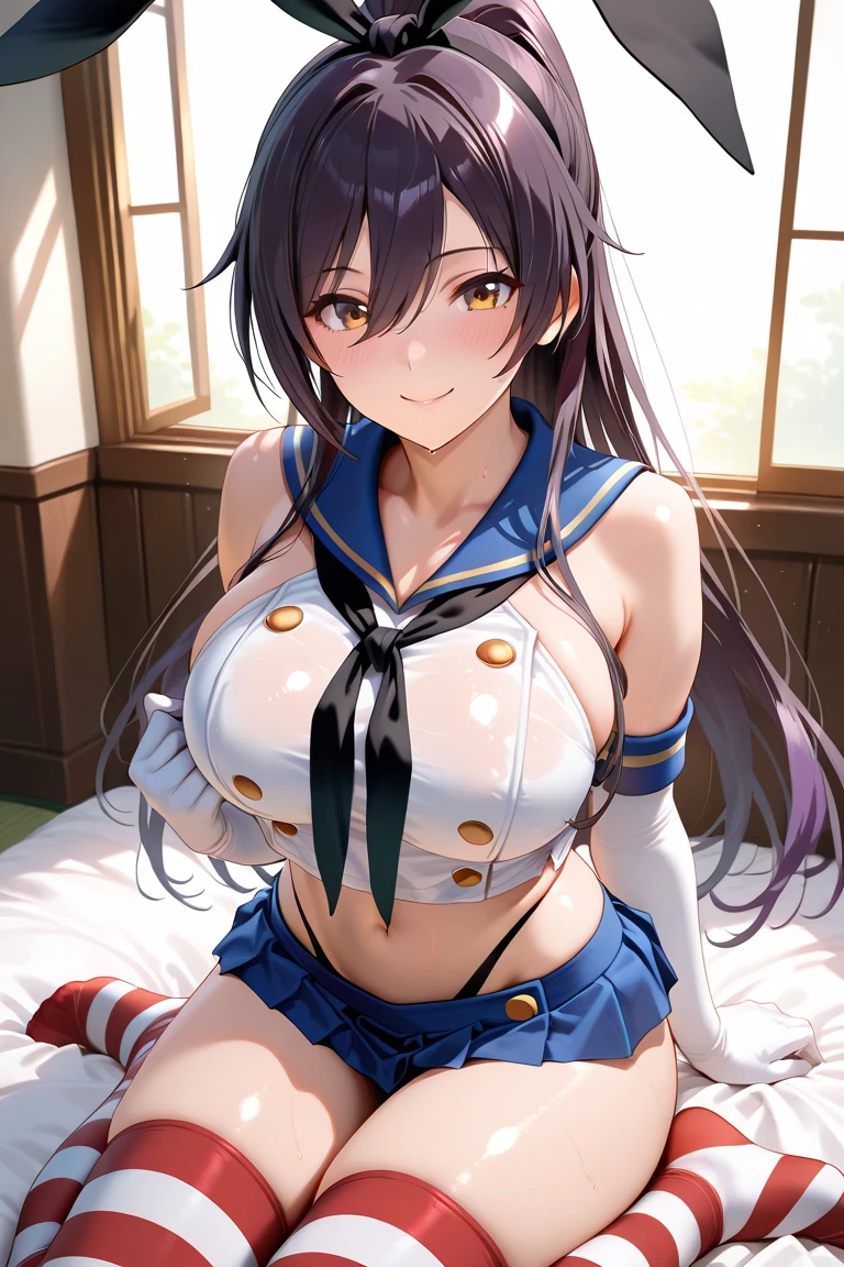 masutepiece, Best Quality, Airlib 4, 1girl in, Solo, blush, thighs thighs thighs thighlack thighhighs:1.3), Apron, zettai ryouiki, maid, Maid headdress,Naughty big、large full breasts、cleavage、Wrist cuffs, (Perfect hands, Perfect Anatomy)、(no  panties:1.3)、(Fully exposed pussy)、Smile with open mouth、(Squatting:1.3) , cum oozing from pussy 