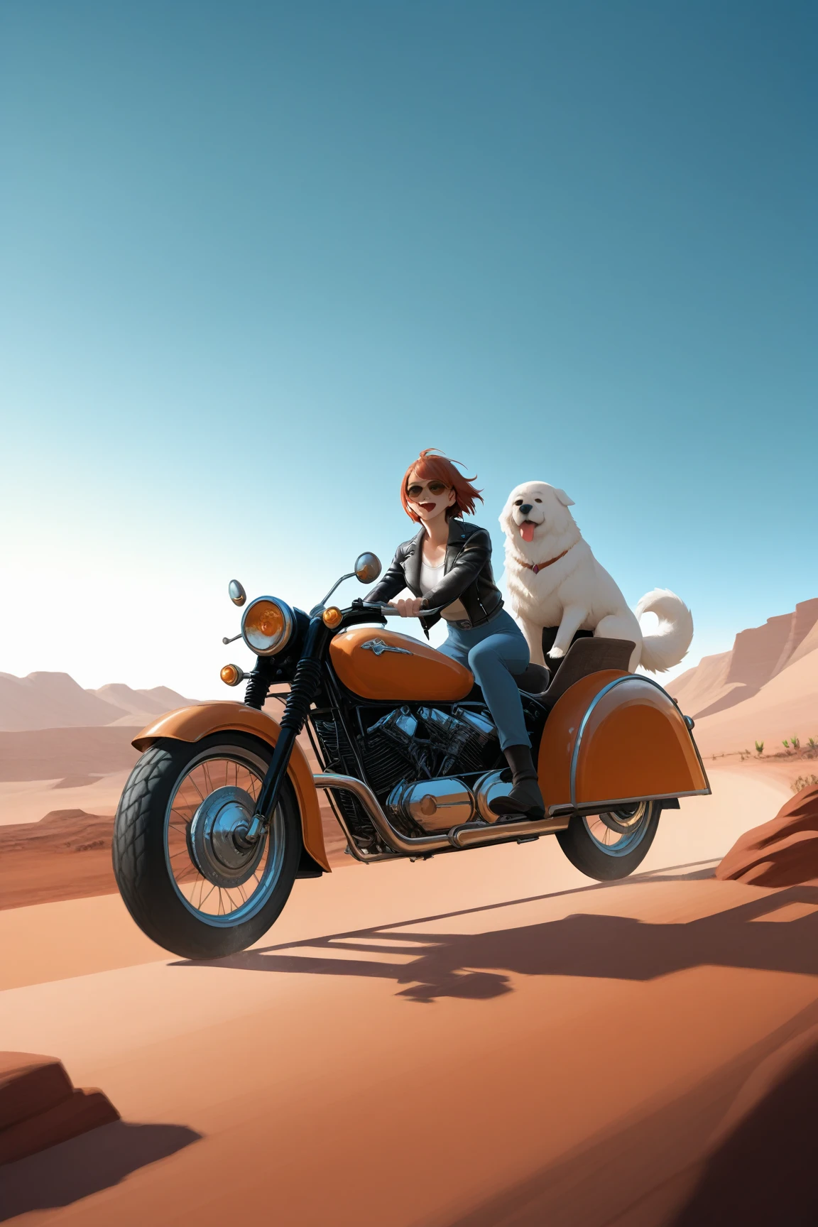 1girl, back, riding a light blue motorcycle with a Shiba Inu on the back, masterpiece, best quality, focused face, blue swimsuit, white studio background, studio lighting, headlights