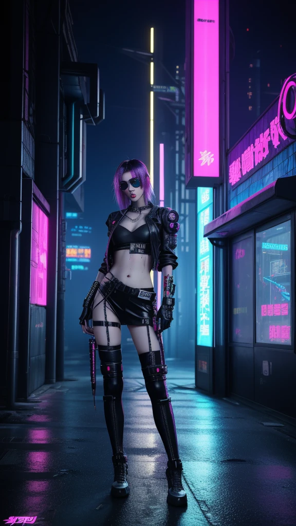 Futuristic fashion with a cyberpunk aesthetic。Neon color、Metal decoration、Clothing that incorporates technology。Luminous tattoos and implant accessories。