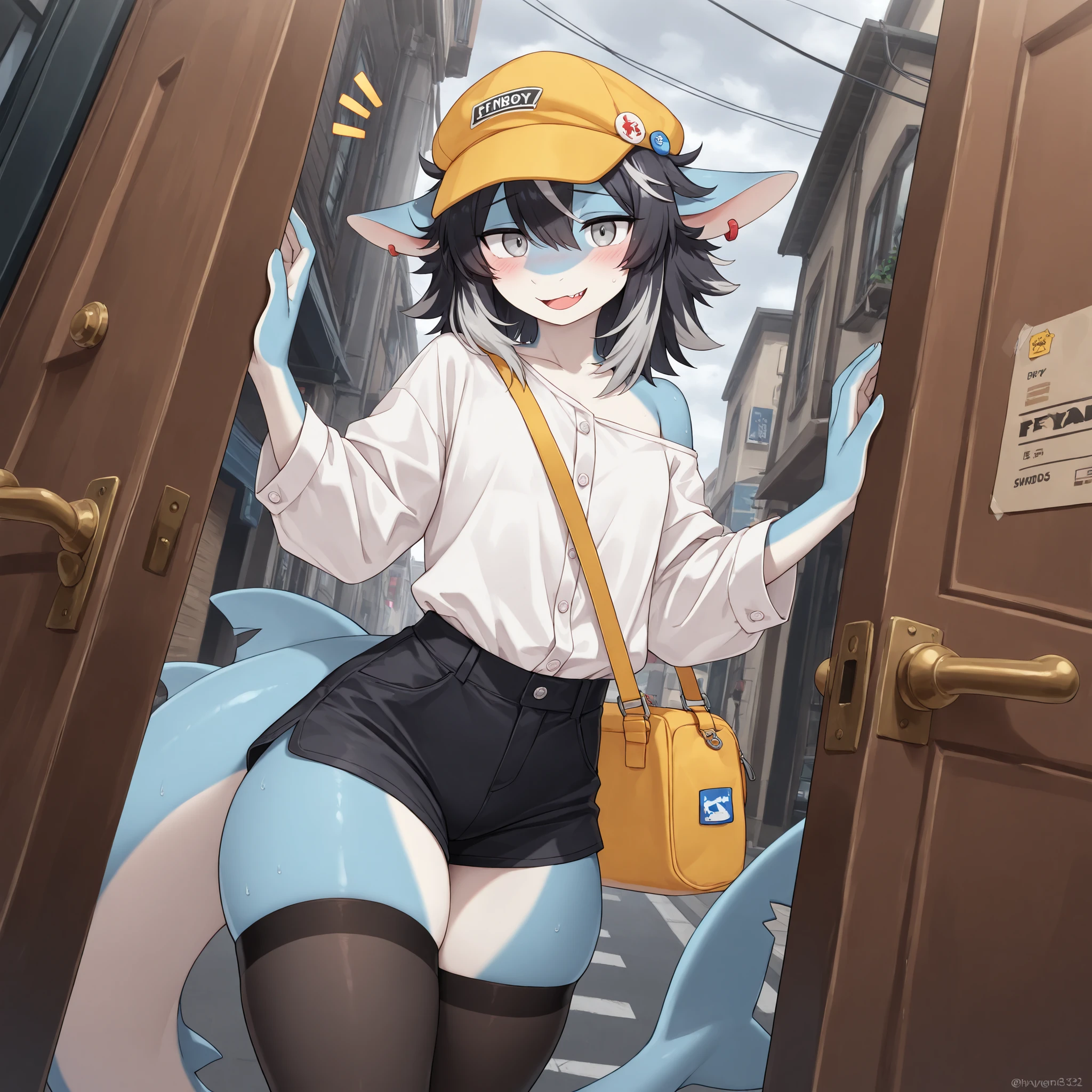 (Masterpiece, Best quality:1.2), (front angle, close up), street, cloudy, gray sky, detailed shadows, detailed lighting, dark lighting, adult, broad shoulders, 1boy, solo, silver eyes, black hair, silver highlights on hair, medium hair, hair over whole head, (angular fringed) hair, anthro furry, shark, shark skin, (pointed shark ears), shark tail, light blue skin, [flat chest], thick thighs, medium ass, [medium body], curvy, cute, jitome, (femboy, feminine boy), wearing yellow hat (flat cap), exposed shoulder, long sleeves, white (button shirt), pin on hat, yellow shoulder bag, delivery bag, black cutoff shorts, stockings, shy, surprised, outside, clutching bag strap, raised eyebrows, open mouth, slight blush, surprised smile, standing up, stockings, looking at viewer, standing up, open door, standing outside, soft blush, (very detailed body, face, tail, arms, hands, legs, head and eyes), 