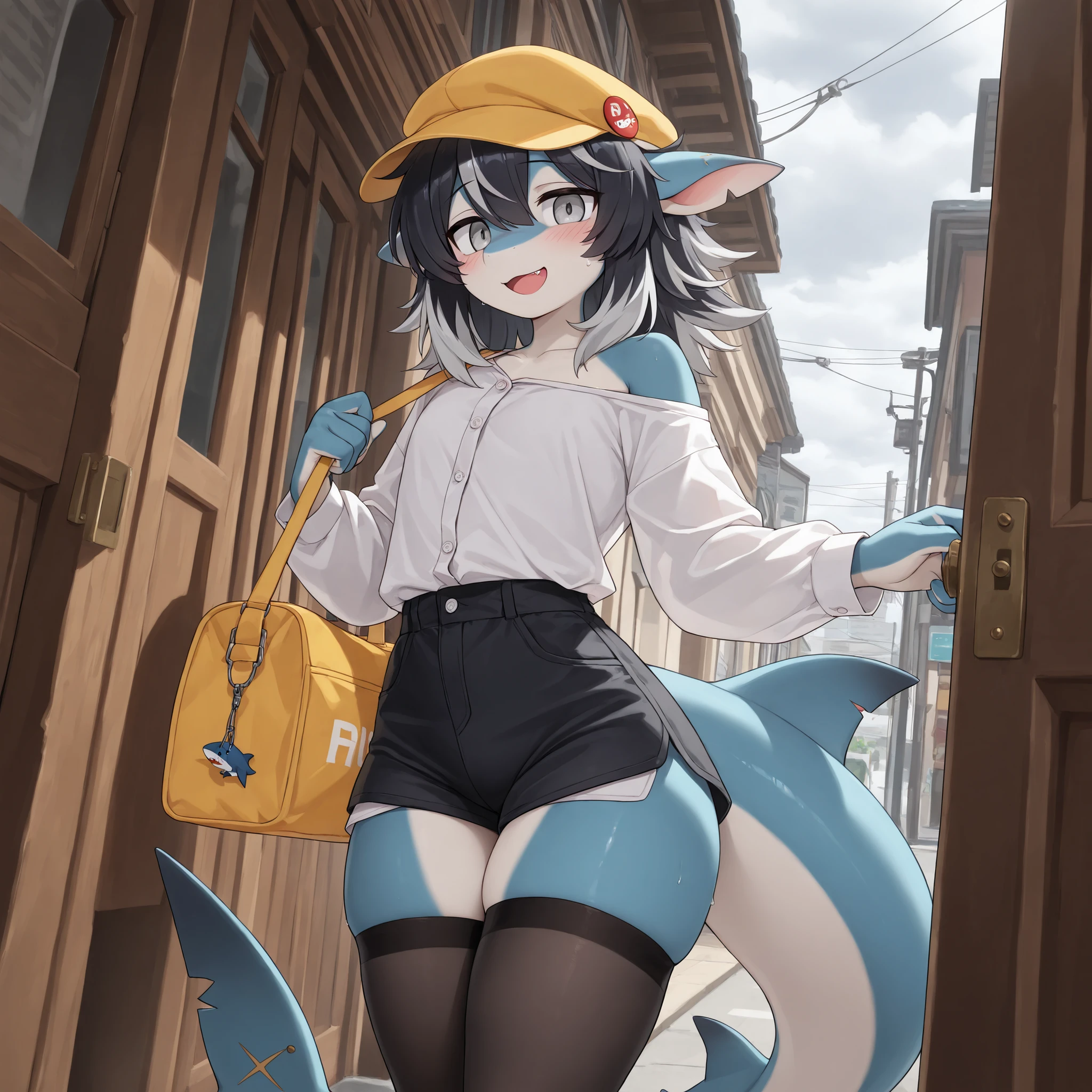 (Masterpiece, Best quality:1.2), (front angle, close up), front porch, street, cloudy, gray sky, detailed shadows, detailed lighting, dark lighting, adult, broad shoulders, 1boy, solo, silver eyes, black hair, silver highlights on hair, medium hair, hair over whole head, (angular fringed) hair, anthro furry, shark, shark skin, (pointed shark ears), shark tail, light blue skin, [flat chest], thick thighs, medium ass, [medium body], curvy, cute, jitome, (femboy, feminine boy), wearing yellow hat (flat cap), exposed shoulder, long sleeves, white (button shirt), pin on hat, yellow shoulder bag, delivery bag, black cutoff shorts, stockings, shy, surprised, outside, clutching bag strap, raised eyebrows, open mouth, slight blush, surprised smile, standing up, stockings, looking at viewer, standing up, open door, standing on street, soft blush, (very detailed body, face, tail, arms, hands, legs, head and eyes), 