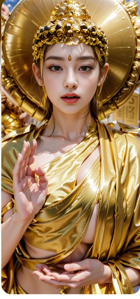 ((Masterpiece)), ((Best Quality)), A middle-aged short-hair woman, ((She is wearing an ornamental golden satin wedding dress)), She is wearing gloves on her hands., outdoor, 