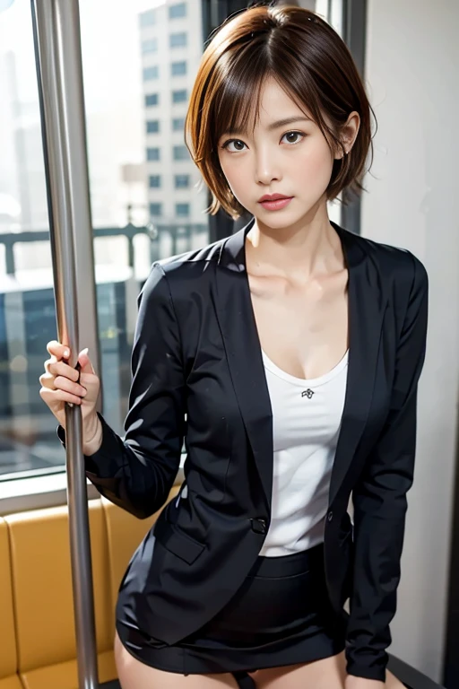 vivid colors, soft lighting, artistic portrait style, (tmasterpiece:1.2, Best quality at best),Alone, full body, black short hair, makeup, Confident and relaxed,parted lips , teats slightly embossing, Look up, view to camera, business suit, office, smile, mole under mouth