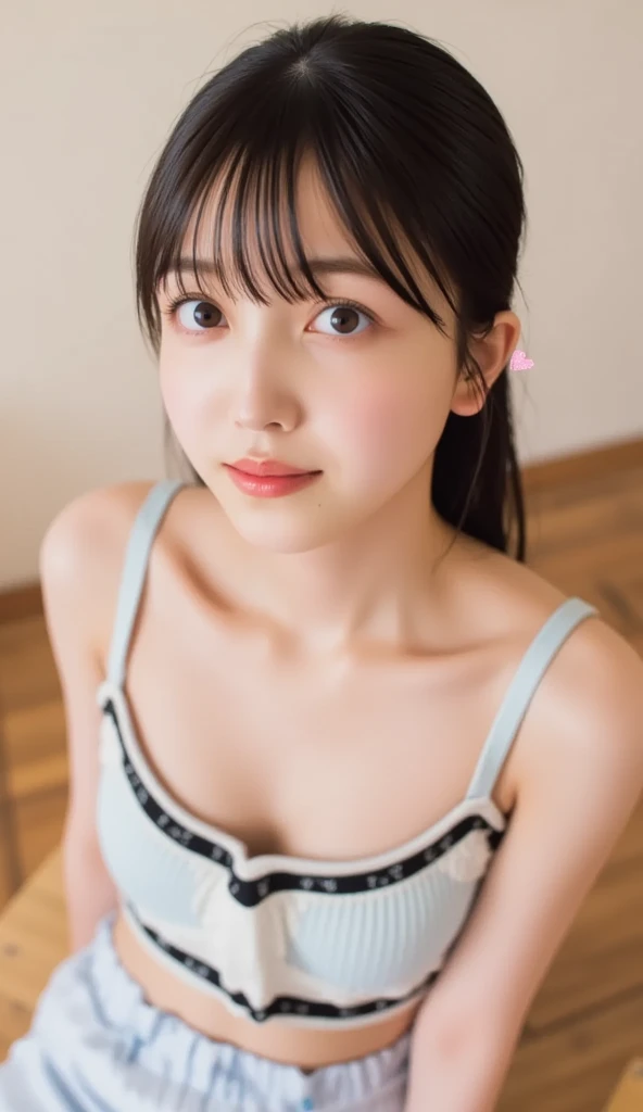 Caucasian 14 year old girl、Background Blur、super high quality、sunlight、Table Top Knit Dress、Fair-skinned beautiful girl、disheveled bob hair、Small cleavage、Fleeting Expression、Clear contours、Adult atmosphere、High resolution skin、Plump figure、Plump thighs、Fair and beautiful thighs