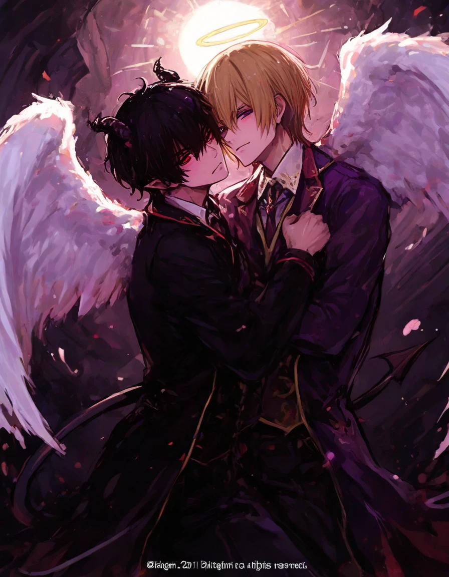 (((Highest Quality))), dynamic pose, 2boys, love, Angel and Demon, Tall Angel boy with dark blonde hair and red eyes, demon boy with short black hair and purple eyes,